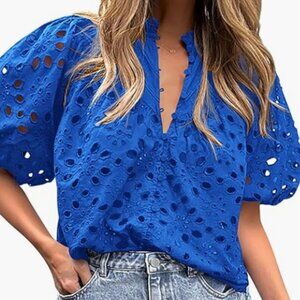 NWTPRETTYGARDEN Women's Summer Top Short Sleeve Eyelet V Neck Buttons, Blue, XXL